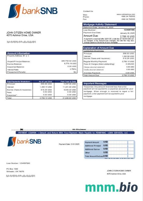 USA Oklahoma SNB Bank wyciąg z kredytu hipotecznego w formatach Word i PDF